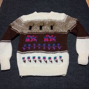 Vintage Its Pure Gould Sweater‎ Women Large Brown White Fair Isle Hand Knitted